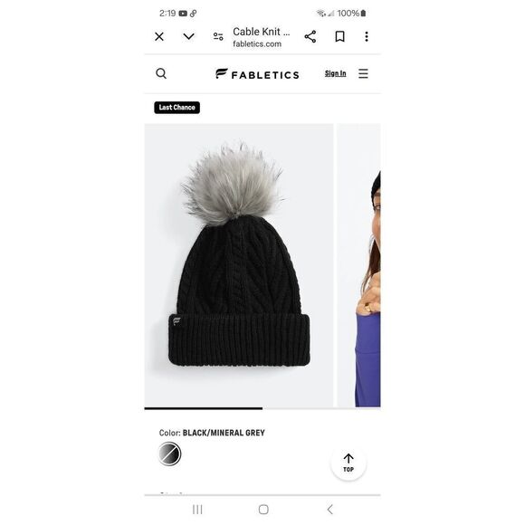 New Fabletics Black Mineral Grey Pom Beanie Hat  Cable Knit Sweater Hat NWT - Picture 2 of 4